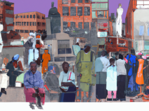 A stylized drawing of people around a city.