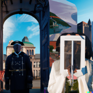 A stylized drawing of a policeman walking through a gate and another person looking through a window.